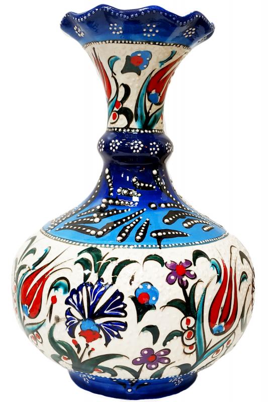 El yapımı tombul çini vazo-Mavi beyaz Samur fırça işlemeli